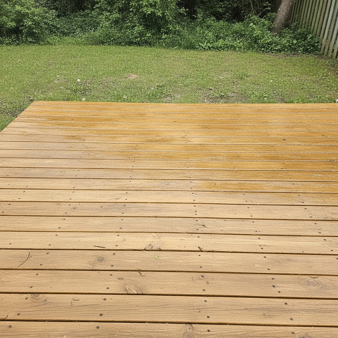 The same wooden deck cleaned to warm golden-brown grain.