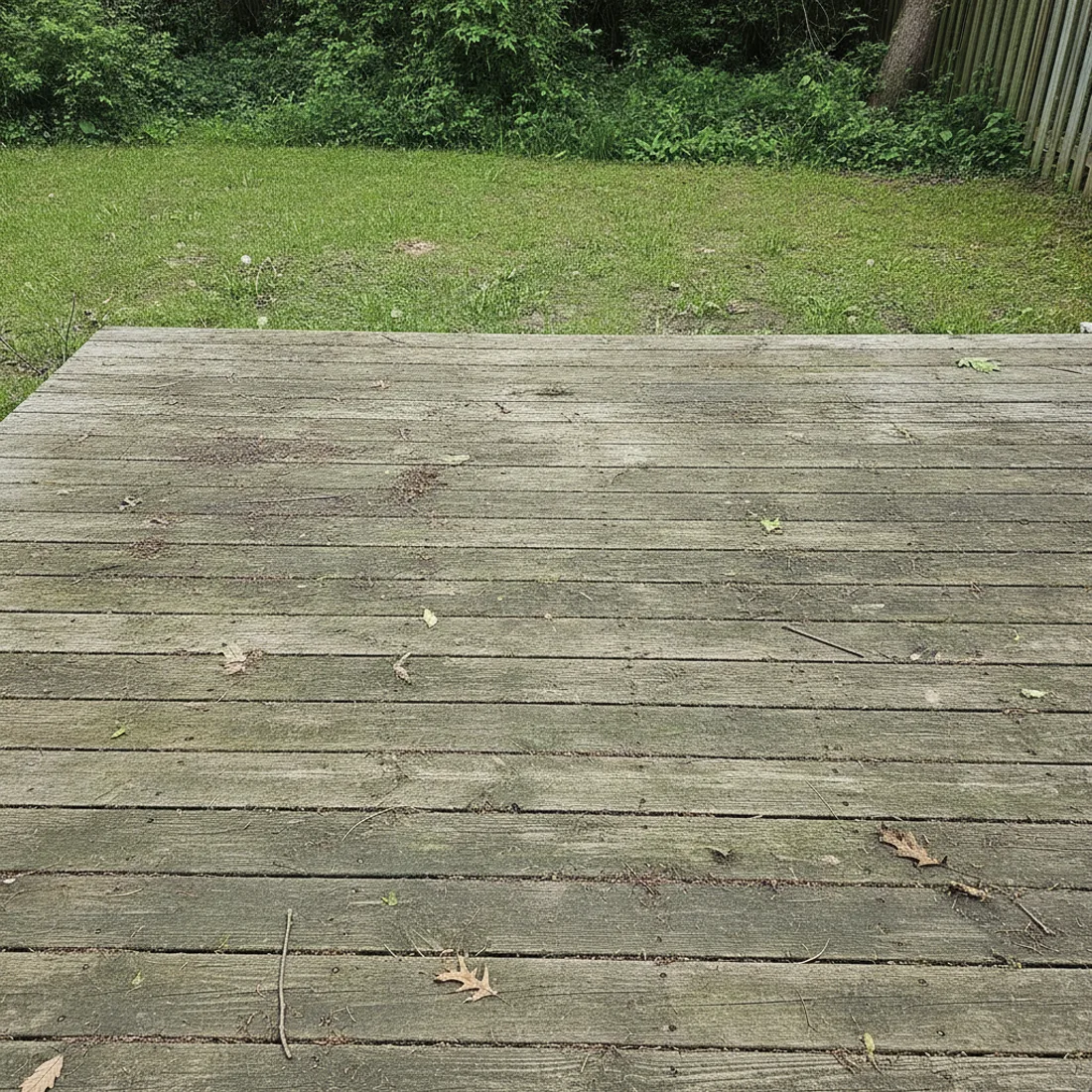 A weathered gray wooden deck with algae and debris before cleaning.
