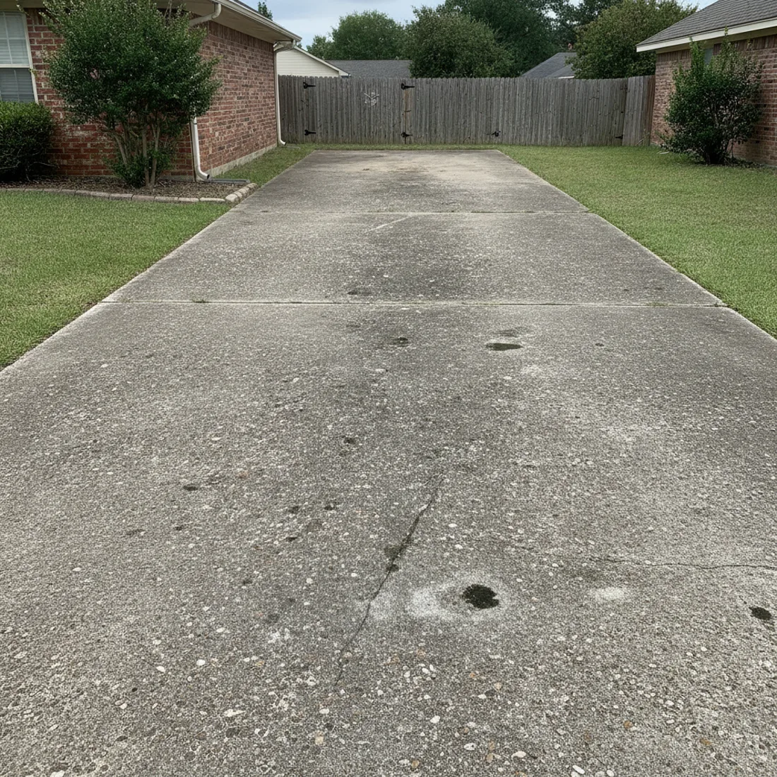 A stained, algae-covered concrete driveway before cleaning.