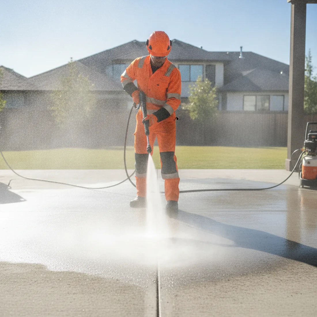 A Dale's technician in bright safety-orange gear pressure washing a concrete driveway back to clean.
