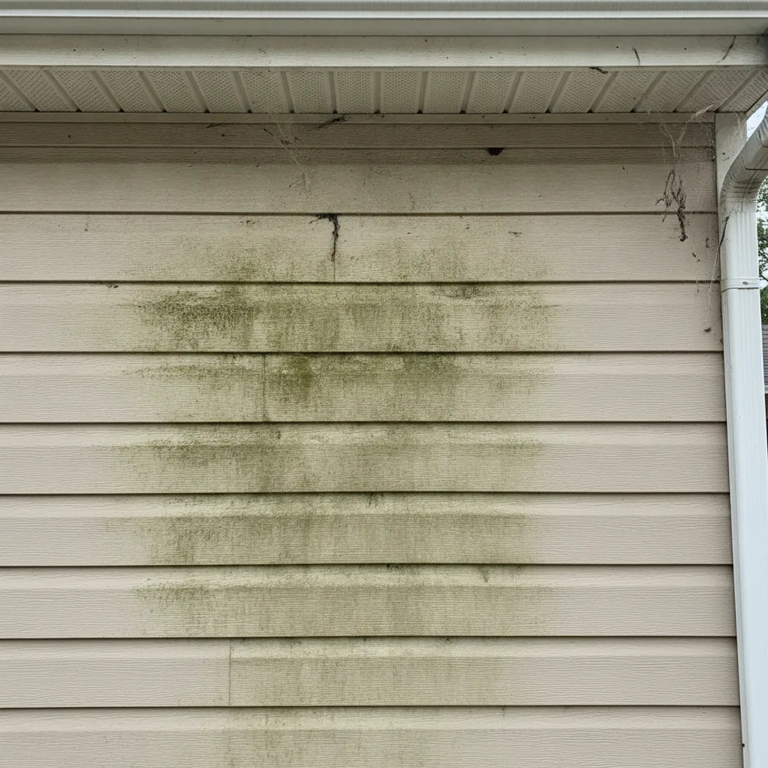 House vinyl siding streaked with green algae and black mold before soft washing.